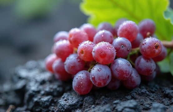 Cluster of red grapes sits on black soil. Water drops glisten on the fruit. Sunlight highlights a leaf. A close-up image symbolizes freshness, nature and the beauty of organic fruits on farms.