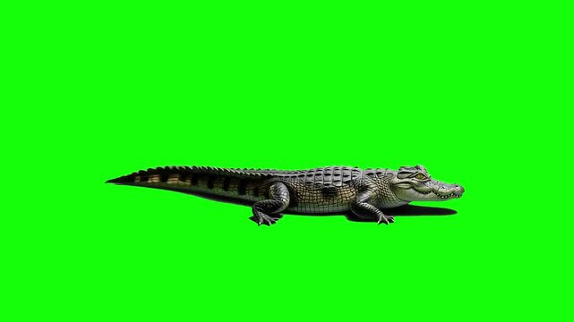 3D realistic giant aggressive Crocodile Reptile Walking with shadow on the ground Loop Animation with side View on Chroma Key, 4K dangerous Crocodile Animal on Green Screen, easy to remove background