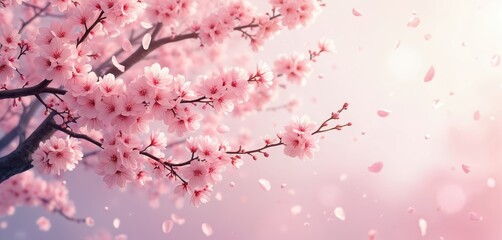Fototapeta premium Illustration of blooming cherry blossom branches with falling petals. Pink flowers on a soft background create peaceful romantic mood for design needs.