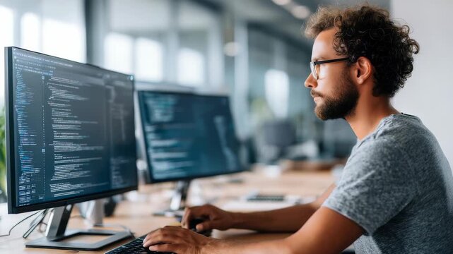 A young male programmer is coding on dual screens in a contemporary office environment, surrounded by technology. The workspace is filled with natural light, emphasizing productivity and innovation