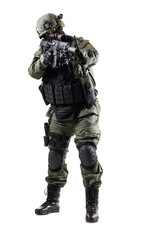Tactical operative in full gear aiming a firearm during a military operation