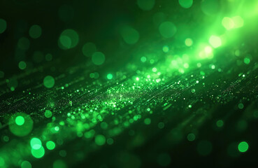 Abstract green digital background with bokeh effect. Blurry bright particles float on dark surface with binary code patterns. Futuristic tech design for eco concepts.
