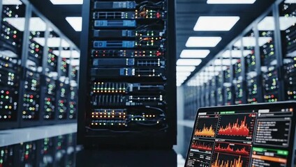 Modern data center showing server racks and laptop with analytics dashboard for network monitoring and cybersecurity insights - Powered by Adobe