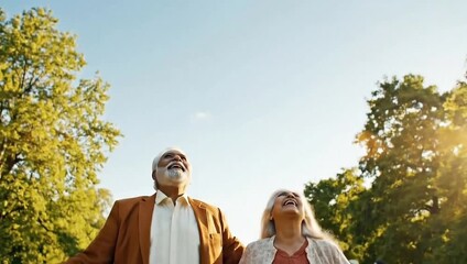 Senior couple celebrates life milestones with joyful exuberance in lush green park on a bright sunny day