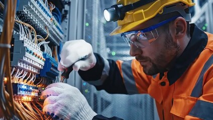 Electrician skillfully working on complex wiring in server room wearing safety gear and headlamp for precision repair work