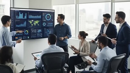 Business Professionals Analyzing Data on Large Screen in Modern Office. - Powered by Adobe