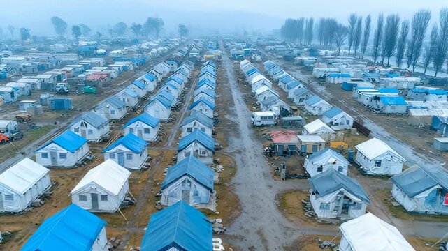 Aerial View of Refugee Camp: Rows of Tents, Temporary Housing, Humanitarian Crisis, Disaster Relief, and Emergency Shelter in a Foggy Landscape
