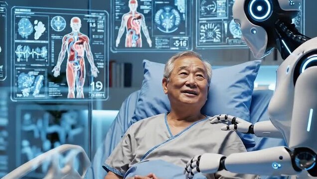 Elderly patient comforted by caring robot in futuristic hospital with advanced holographic medical data displays