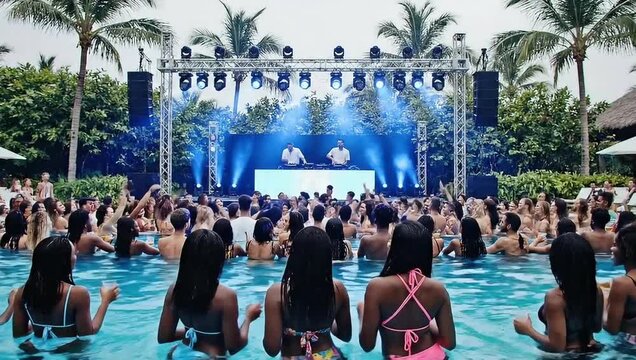 Summer pool party with DJ and diverse crowd enjoying music and good vibes in tropical destination resort setting