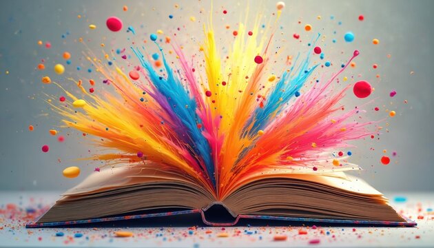 Open book unleashes vibrant paint splashes and colorful particles into air. Storytelling, creativity, and imagination explode from pages in bright burst of abstract art.