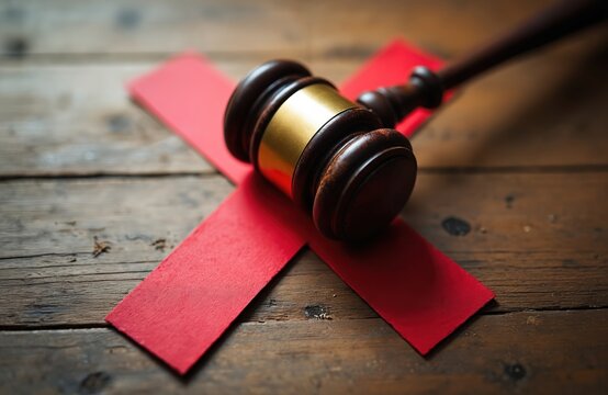 Wooden court gavel rests upon large red X mark. Legal rejection, denied claim, final negative verdict. Concept represents ban, prohibition, injustice, law struck down on wooden desk.
