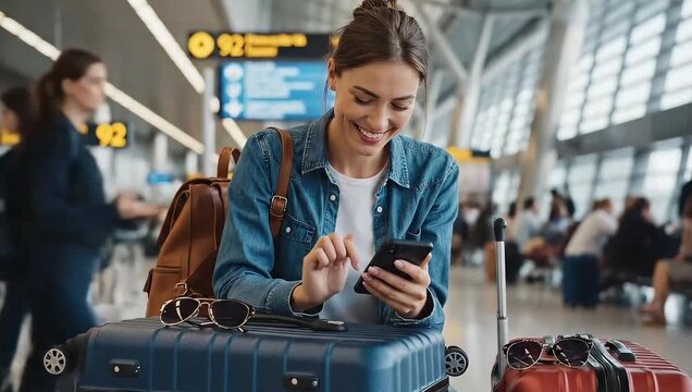 Happy traveler using phone at airport before vacation takes off with smooth seamless travel experience at departure lounge