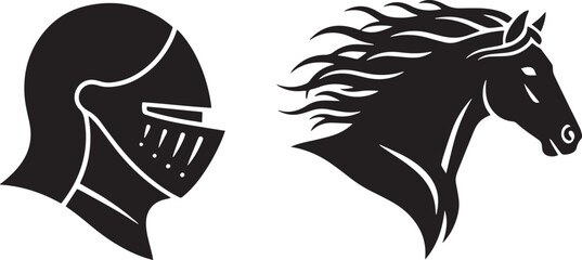 Medieval Knight Helmet Profile and Galloping Horse Head Silhouette Vector Emblems"