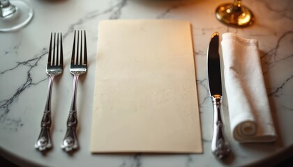 Elegant restaurant table setting with silverware, blank menu on marble. Luxury dining experience awaits with fine cutlery, white napkin, glassware hints.