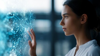 Professional woman uses transparent touchscreen, engaging with advanced holographic graphics in sleek, modern office. Scene highlights innovation, artificial intelligence, digital transformation - Powered by Adobe