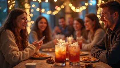 Young friends celebrate at cozy winter party with non alcoholic drinks. Happy people laugh, talk together at festive dinner table. Cheerful group socializes, enjoys mocktails in warm atmosphere with