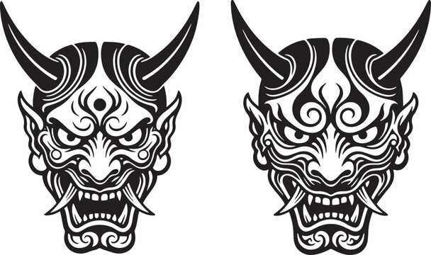 Dual Japanese Hannya Demon Mask Design - Vector Illustration