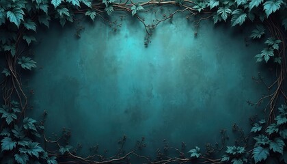 Dark teal textured wall framed by creeping ivy vines and leaves. Empty space for text overlay in center. Nature background with moody ambiance for design.