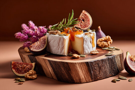 Featuring a selection of food items on a wooden cutting board. There are slices of cheese topped with figs and nuts, accompanied by fresh fruits like figs and oranges.