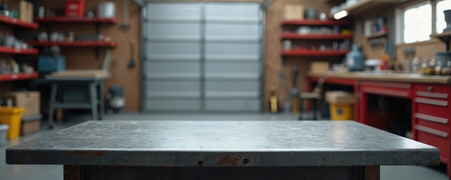 Rough metal desk surface with blurred garage workshop background. Blank tabletop for product display in industrial workroom. Crafty man cave studio with tools on shelves, perfect for hobby diy