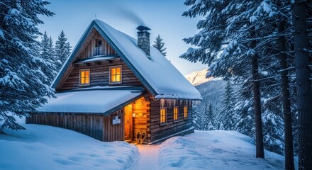 Cozy wooden cabin glows amid snowy pines at dusk, smoke rising from chimney
