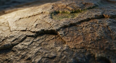 Cracked rock surface with patches of moss, lit by warm light