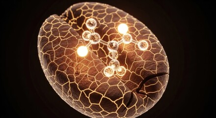 Cracked coffee bean with molecular structure, glowing nodes on a dark background