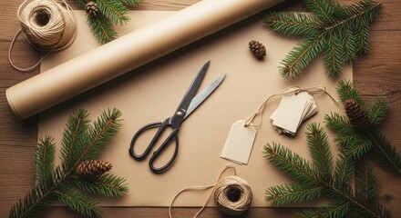 Crafting scene brown paper, scissors, pine branches, string, and tags on wood
