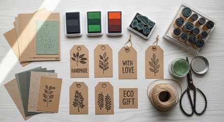 Crafting set stamps, ink, tags, and twine for eco-friendly handmade gifts