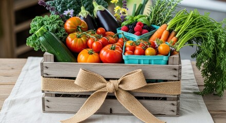 Crate filled with fresh colorful vegetables, herbs, and berries, tied with ribbon