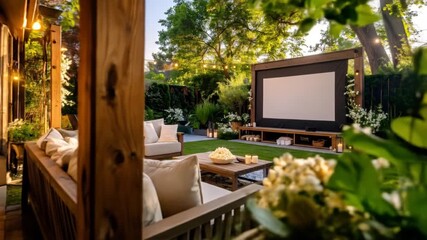Warm Evening Outdoor Cinema Experience with Cozy Seating and Ambient Lighting Amidst Lush Greenery - Powered by Adobe