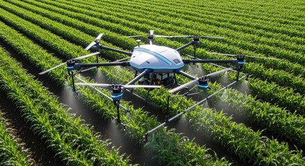 Crop-dusting drone flying above a cultivated field spraying crops