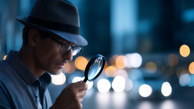 Focused investigator studies evidence through a magnifying glass, embodying curiosity and intrigue. Nighttime city lights enhance the noir mood, suggesting crime solving and urban mystery