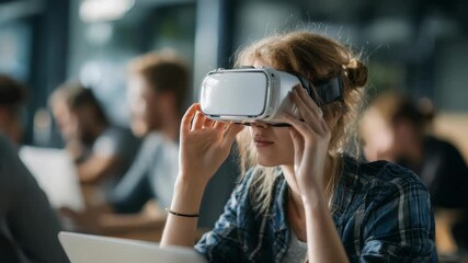 Focused female user interacts with virtual reality headset in a collaborative office environment, highlighting futuristic digital trends. Modern workspace fosters innovation and teamwork - Powered by Adobe
