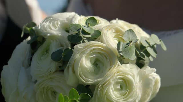 Close-up shot of a bridal bouquet with white ranunculus and eucalyptus leaves. The bride holds the flowers in natural sunlight during the wedding ceremony.