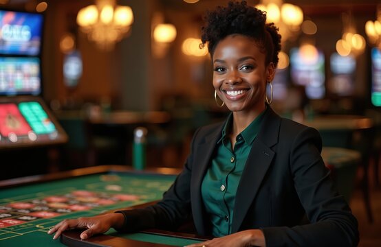 Smiling african american woman poses near roulette in casino. Happy female croupier in uniform works in gambling club. Lady looks at camera, smiles. Dealer waits players for game.
