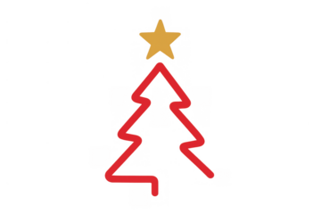 Christmas tree red outline with yellow star, festive holiday season minimalist design, transparent background