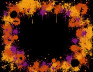 A vibrant Halloween background features bright orange and purple splashes on a black canvas. Spooky elements hint at ghosts and pumpkins, setting a festive mood for celebrations Generative AI