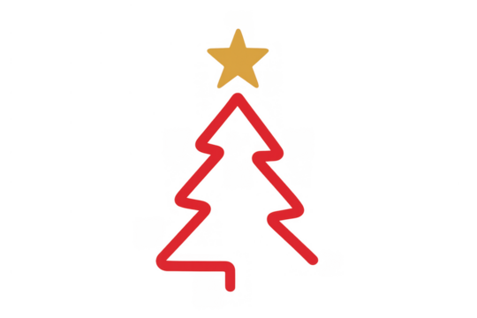 Christmas tree red outline with yellow star, festive holiday season minimalist design, transparent background