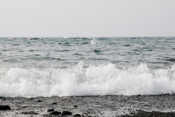 A view of a wave rolling into the ocean on a black volcanic beach.