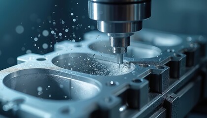 Closeup shows machining center cutting V8 engine cylinder block. Tool uses solid ball end mill for high precision automotive manufacture. Illustrates modern engineering, industrial production