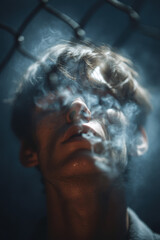 Melancholic Young Man Lost in Smoke Amidst Urban Decay for Reflection or Isolation Concept