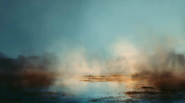 A serene wetland scene is enveloped in mist as the sun rises, casting warm reflections on the calm water. The atmospheric fog and gentle colors evoke a sense of tranquility and natural beauty