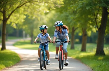 Obraz premium Mother, son ride bicycles on paved park path in sunny summer weather. Both wear safety helmets, smiling, talking, sharing happy moment together. Family activity promotes health, wellness, outdoor
