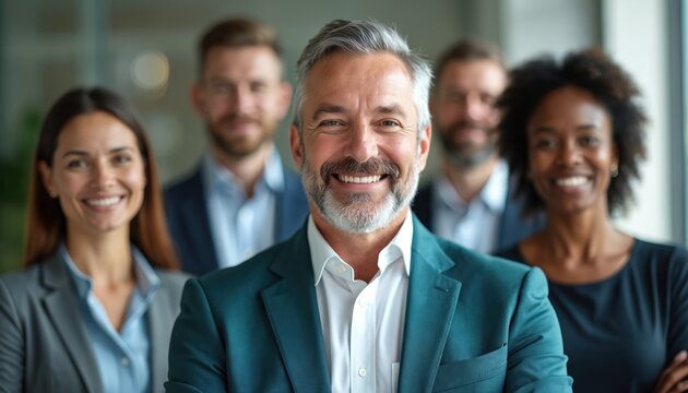 Multiethnic group with mature businessman. Team leader smiles at camera. Corporate staff looks happy in business suits. Multicultural business team concept. Diverse professionals standing together,