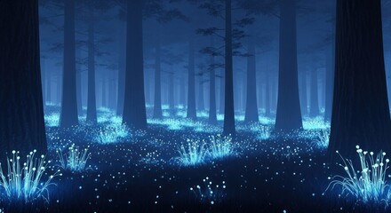 Dreamy, ethereal forest scene with glowing blue foliage, mysterious ambiance, atmospheric