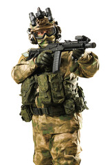 Camouflaged tactical soldier in combat gear holding firearm on white background