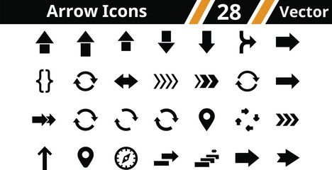 Arrow icons Including Up, Down, Right, Left, Diagonal, Curved, Circular, Double, Back, and Forward Arrow Vector silhouette Illustration