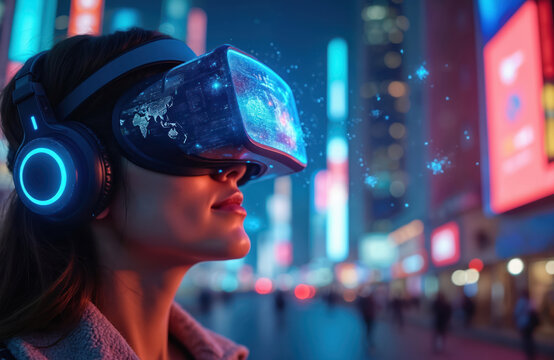 Person explores digital city with VR headset. Woman experiences virtual reality in urban neon landscape. Techie tests goggles. Girl watches colourful simulation. Enjoys modern interaction,