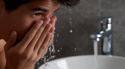 Close-up of man washing face at bathroom sink with running water, morning routine